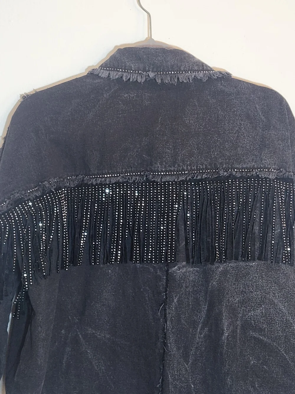 Zara Black Rhinestone Fringe Distressed Denim Jacket Size XS